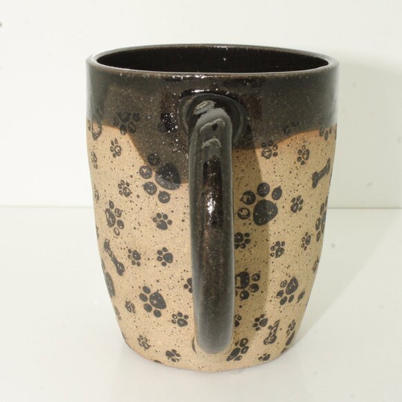 Dog Lovers Mug Dark Brown Tan Paw Print Bones Handmade Pottery Stoneware Mug Cup - Picture 2 of 8